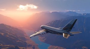 Passagierflugzeug in der Luft über Fluß, Berge und Landschaften während der Dämmerung
